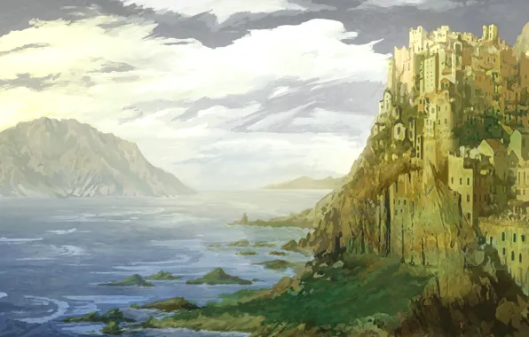Sea, clouds, castle, rocks, painted landscape