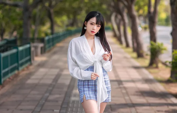 Look, the sun, trees, model, skirt, portrait, makeup, figure