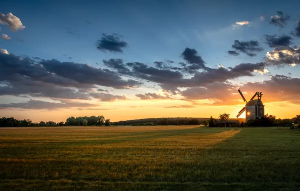 Field, sunset, windmill