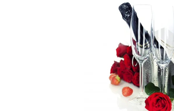 Picture red, glass, roses, strawberry, drink, champagne