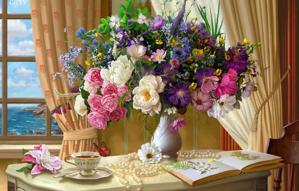 Picture flowers, table, tea, butterfly, bouquet, window, art, Cup