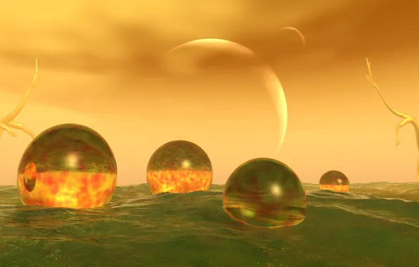 Yellow, balls, color, horizon, 3D graphics