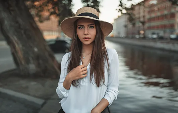 Look, the city, pose, model, portrait, home, hat, makeup