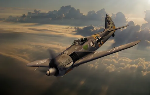 The sky, clouds, figure, fighter, art, German, Fw 190, Focke-Wulf