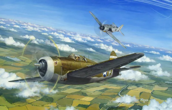 The sky, figure, art, fighters, American, aircraft, German, dogfight