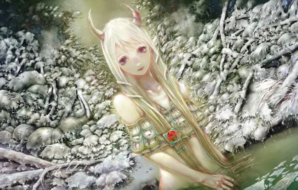 Picture winter, forest, girl, snow, lake, art, horns, touhou