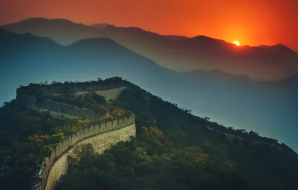 The sky, the sun, sunset, mountains, wall, hdr, China
