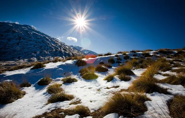 Winter, the sky, the sun, snow, landscape, mountains, nature, slope