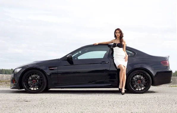 Picture girl, hair, BMW, dress, wheel, black, beautiful, drives