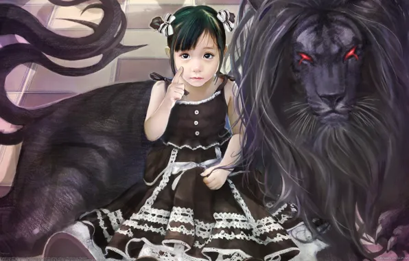 Picture figure, Girl, black lion