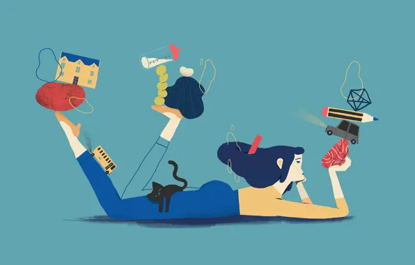 Cat, girl, dreams, house, work, stay, figure, plans