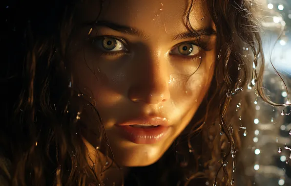 Look, girl, drops, light, face, rain, portrait, brown hair