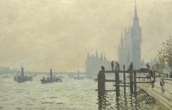 Landscape, fog, river, boat, picture, Claude Monet, The Thames at Westminster