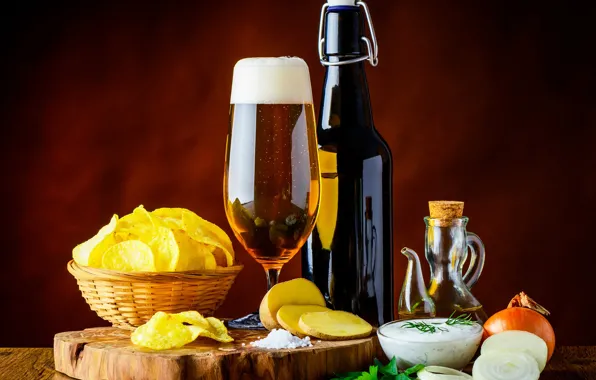 Beer, Board, sauce, chips