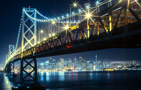 Night, bridge, lights, Bay, Golden gate, USA, San francisco