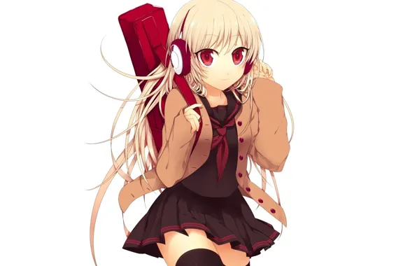 Headphones, white background, Schoolgirl, long hair, case