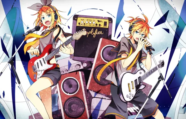 Scene, guitar, anime, art, microphone, two, Vocaloid, Vocaloid