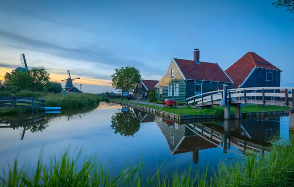 Picture sunset, Netherlands, Holland, windmill, The Zaanse Schans