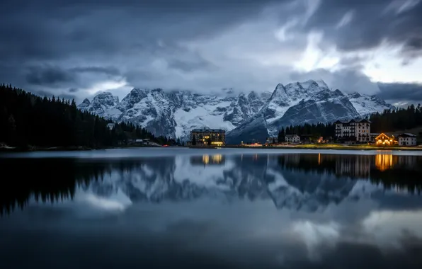 Winter, the sky, clouds, snow, mountains, clouds, lights, lake