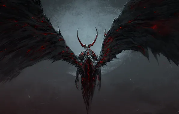 Fire, the moon, wings, the demon, art, horns, chris cold