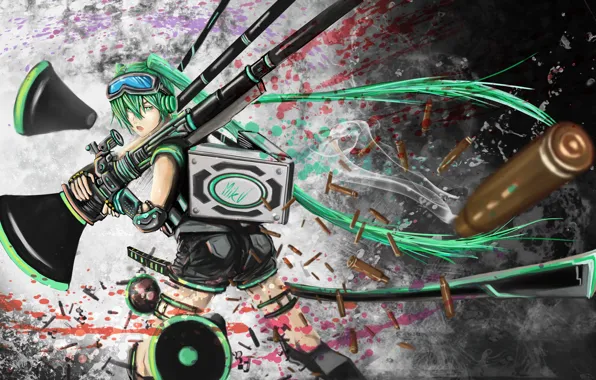 Girl, weapons, blood, art, bullets, Hatsune Miku, Vocaloid, Vocaloid