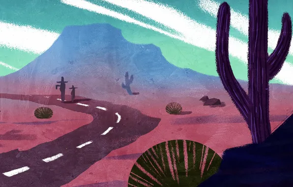 Road, desert, art, cacti, painted landscape