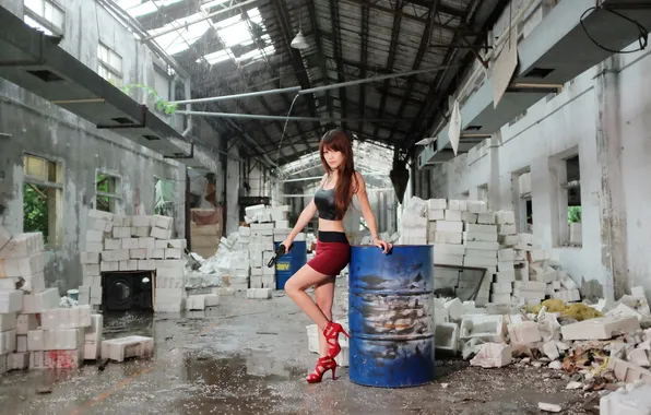 Picture look, girl, face, gun, hair, the ruins, mini skirt, Asian