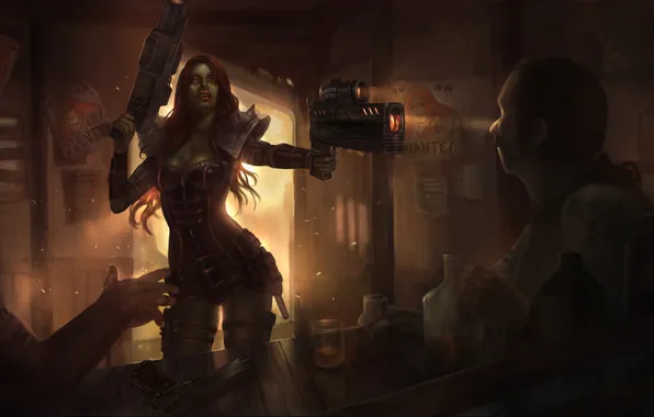Picture woman, bar, red, Heroes of Newerth, Flinty Widowmaker