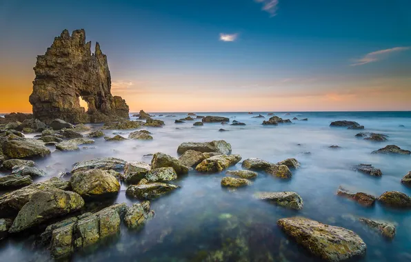 Sea, stones, rocks, dawn, coast