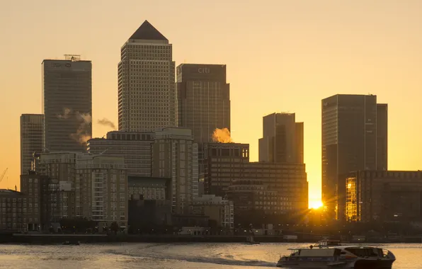The sun, the city, dawn, home, skyscrapers, morning, London, England