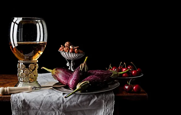 Cherry, glass, eggplant, still life, napkin