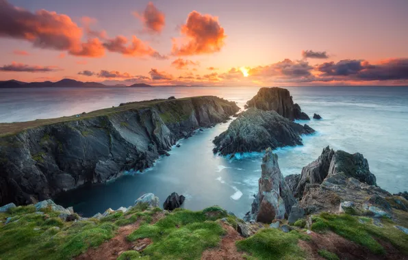 Sea, the sky, grass, the sun, clouds, sunset, stones, open