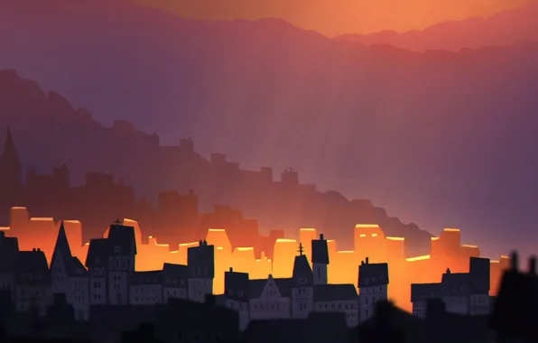 Mountains, Figure, The city, Light, Rays, Hills, Building, Renan Porto