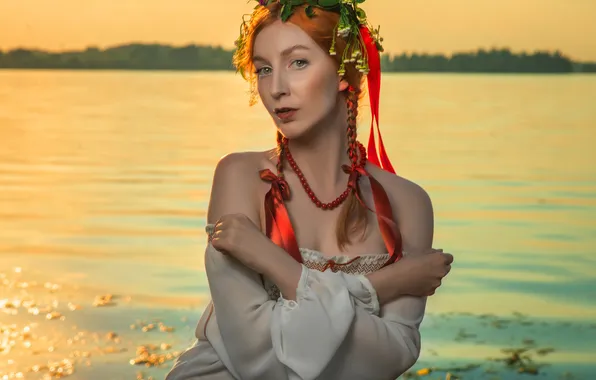 Water, portrait, beads, braids, red, Daria, Stanislav Maksimov