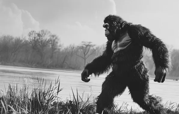 Being, Grass, River, Digital art, Black and white, Bigfoot, Yeti, Bigfoot