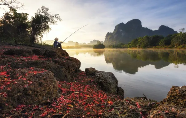 Landscape, mountains, nature, reflection, stones, people, fisherman, Thailand