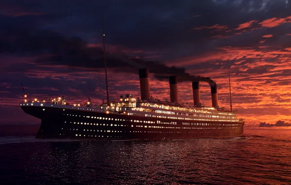 Sunset, ship, Titanic