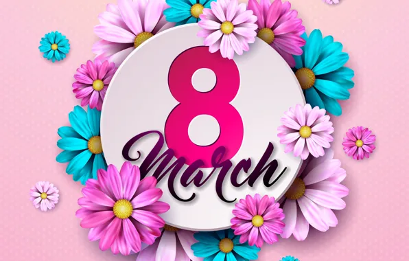 Flowers, figure, happy, March 8, blue, pink, flowers, postcard