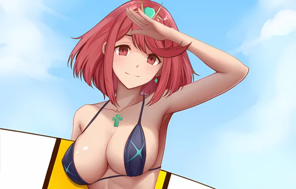 Girl, sexy, cleavage, red hair, boobs, anime, beautiful, red eyes