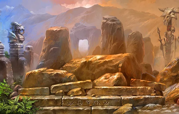 Stones, tower, skull, idols, Background, totems