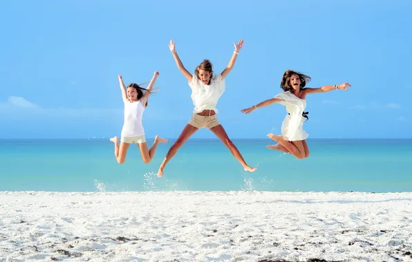 Sand, sea, beach, the sun, girls, jump, brunette