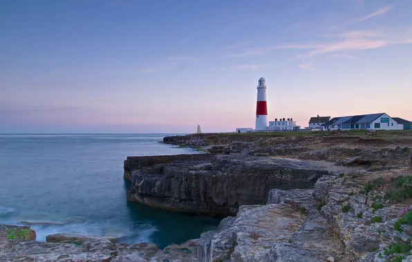 The sky, Strait, house, rocks, lighthouse, England, England, Cape
