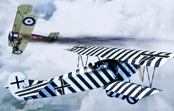 Graphics, art, The Fokker D. VII, Hans Kirschstein, Sopwith Camel, camel in flames, roen911