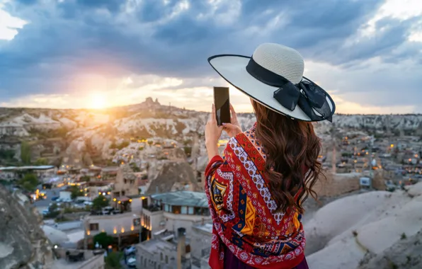 Girl, the city, hat, Turkey, smartphone, Cappadocia
