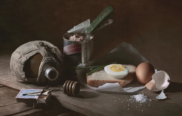 Picture egg, matches, bread, salt, appetizer, flask
