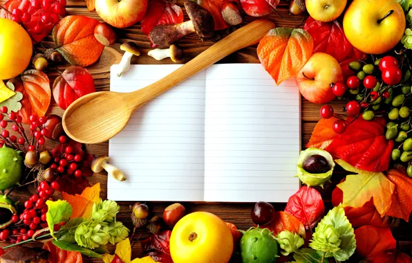 Picture autumn, leaves, berries, table, apples, mushrooms, briar, spoon