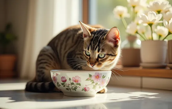 Cat, cat, look, flowers, pose, bowl, face, food