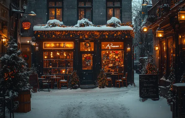 Winter, snow, the city, lights, Christmas, New year, twilight, shop