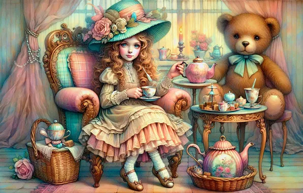 Flowers, room, toy, chair, dress, kettle, window, bear
