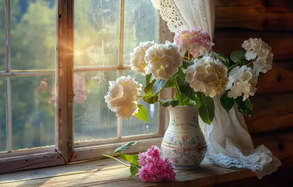 Glass, light, flowers, bouquet, window, curtains, vase, sill